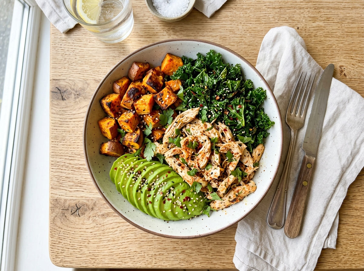 Bowl de Frango com Batata-Doce e Couve Crocante: Equilíbrio e Energia
