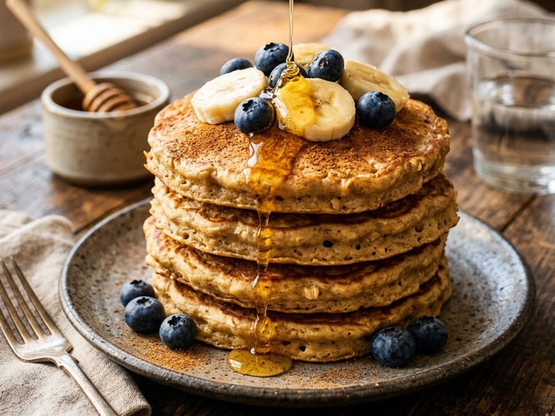 Pilha de panquecas de banana com aveia, canela, frutas frescas e mel - Sabor que Cuida