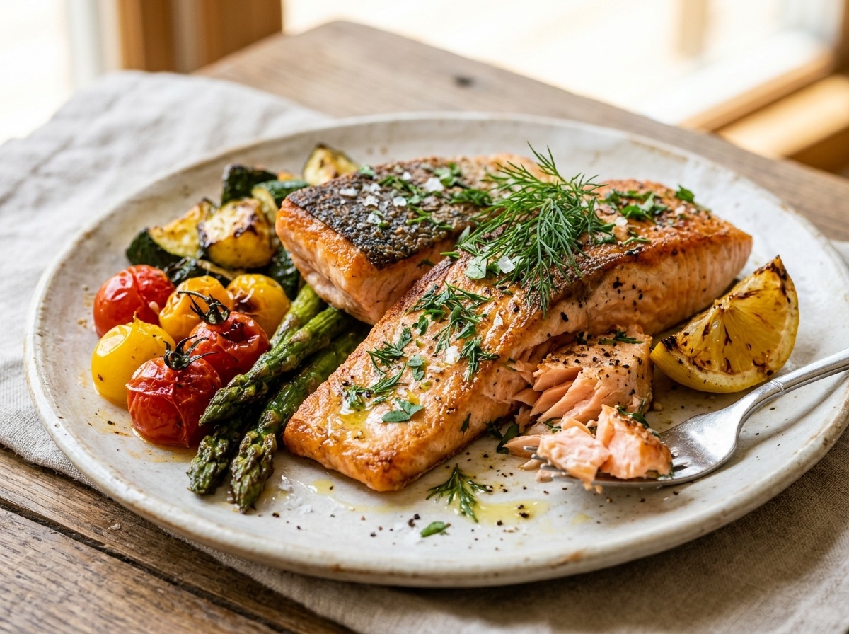 Salmão na Airfryer com legumes assados e limão siciliano - Sabor que Cuida